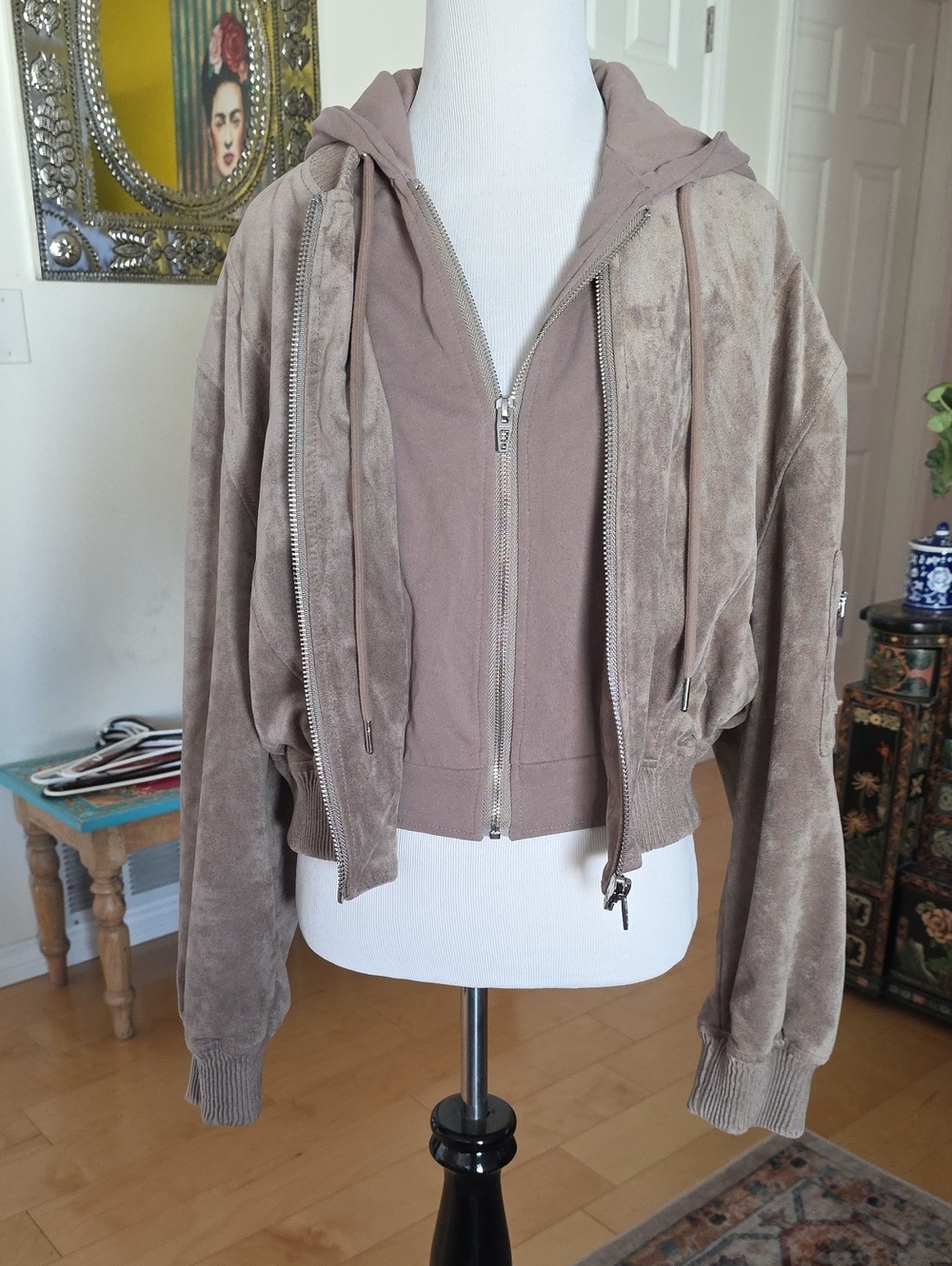 Blank NYC Taupe Hooded Suede-Look Bomber Jacket